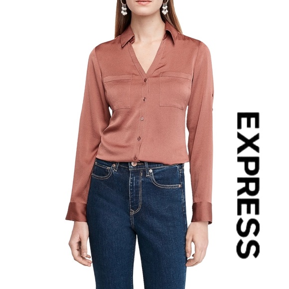 Express Tops - Express Satin Button Down Blouse with Roll Sleeve
